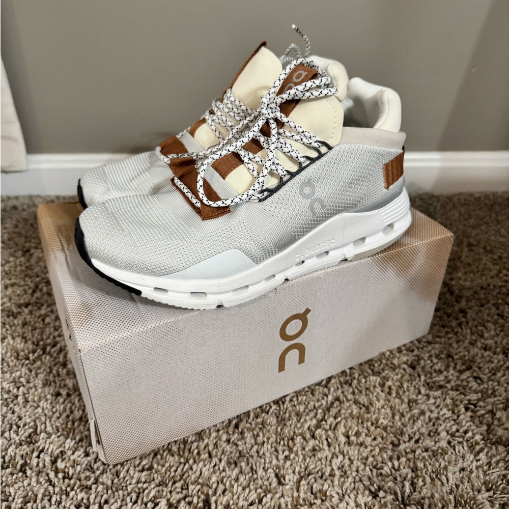 On Running Cream and Brown Athletic Shoes